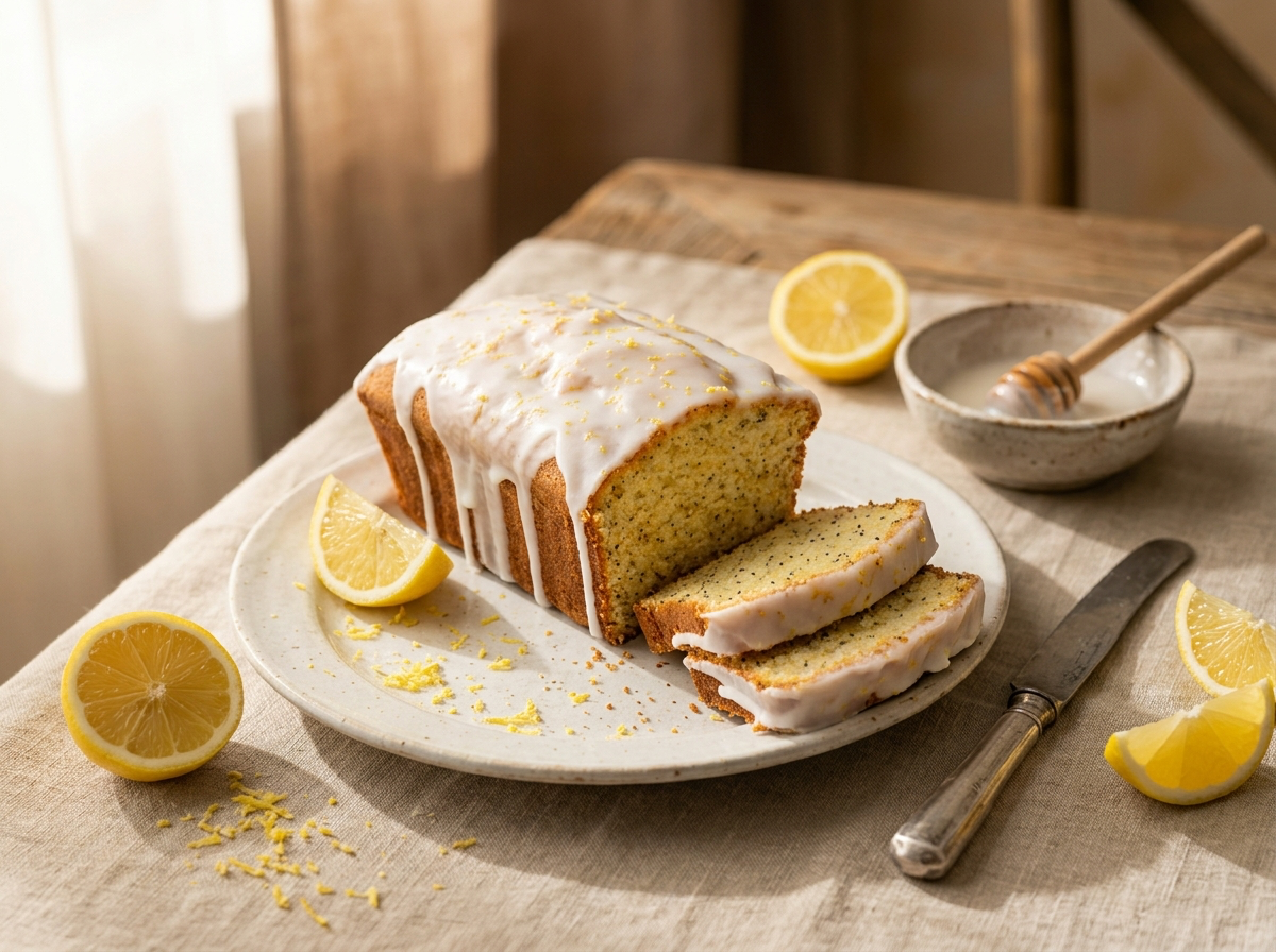Cake citron pavot façon Starbucks, glacé au citron et décoré de zestes frais.
