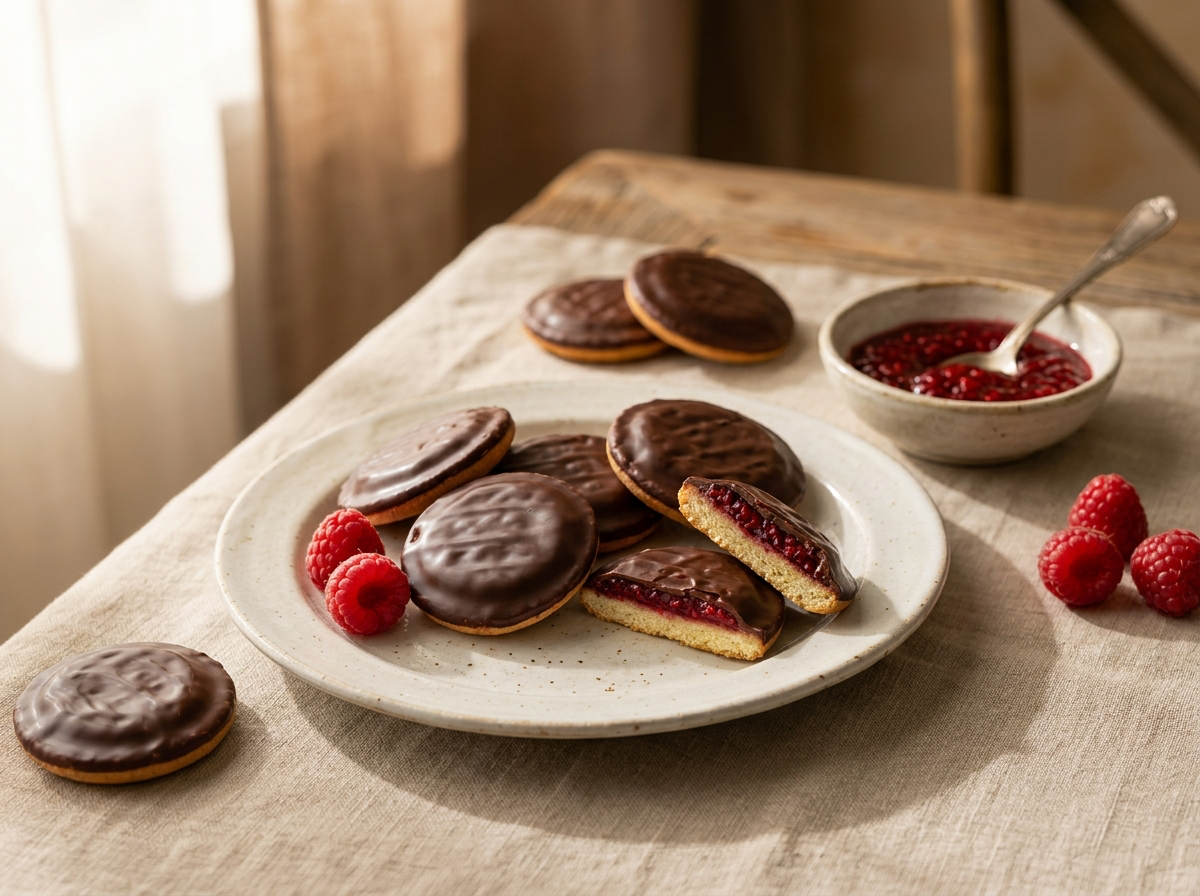 Biscuits Pim’s maison à la framboise avec génoise dorée, cœur fruité et glaçage chocolat noir brillant.