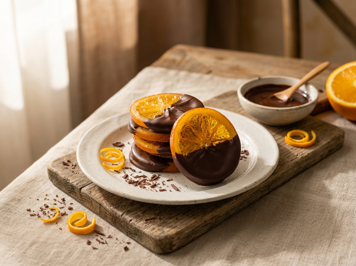 Tranches d’orange confite nappées de chocolat noir brillant, disposées sur une grille.