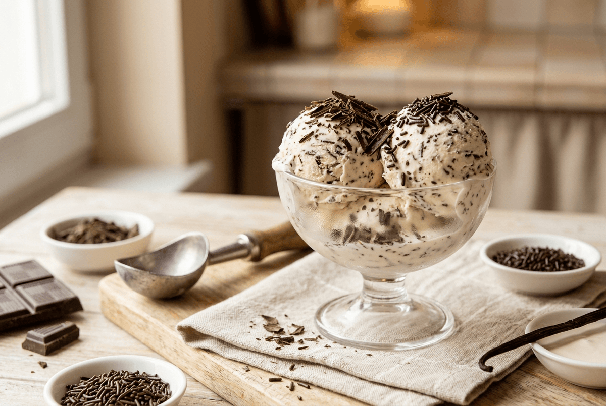 Glace stracciatella crémeuse parcourue de fins éclats de chocolat noir