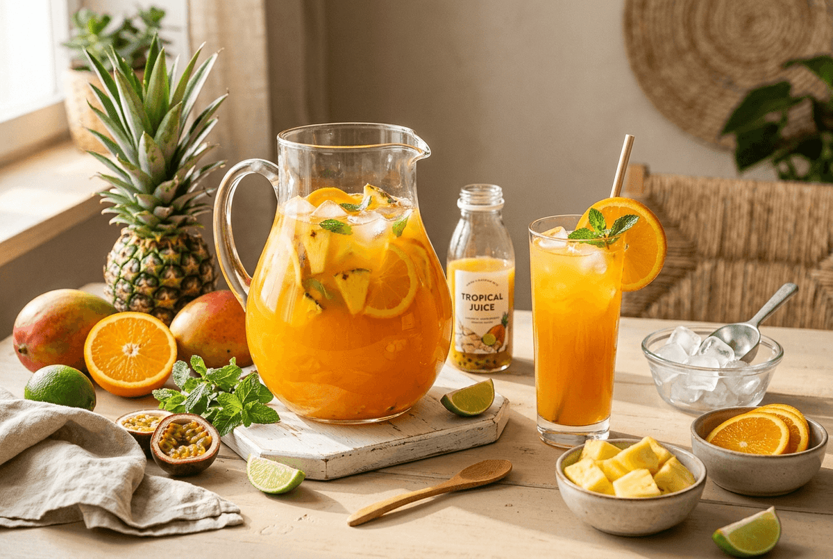 Punch tropical sans alcool aux fruits exotiques dans un pichet