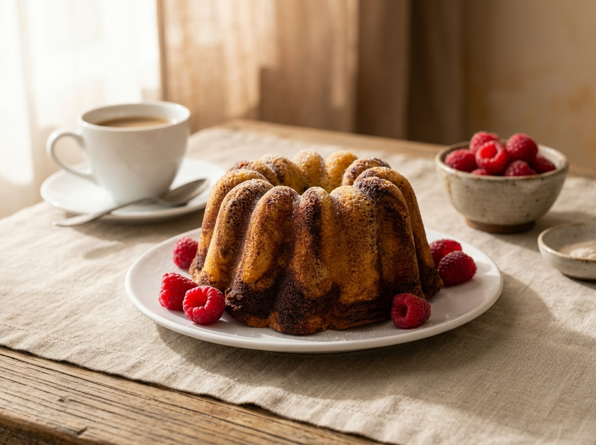 Bundt cake marbré chocolat-vanille doré, démoulé et saupoudré de sucre glace sur une table d’hiver.