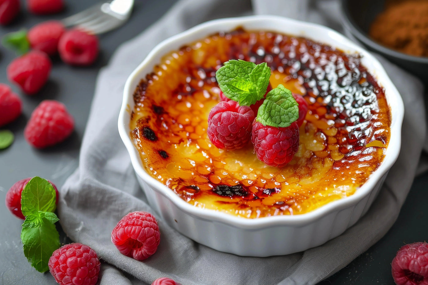 Quatre ramequins de crème brûlée avec une surface de sucre caramélisé doré, présentés sur une nappe blanche avec une cuillère à dessert.