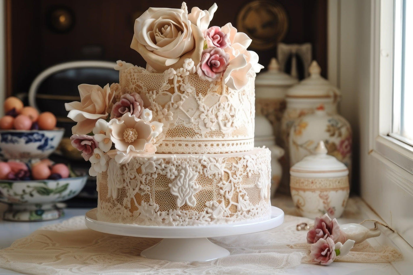 Un gâteau de mariage élégant orné de pâte à dentelle comestible, avec des motifs détaillés et des fleurs en sucre, présenté sur une table à côté d'une fenêtre éclairée par la lumière naturelle.