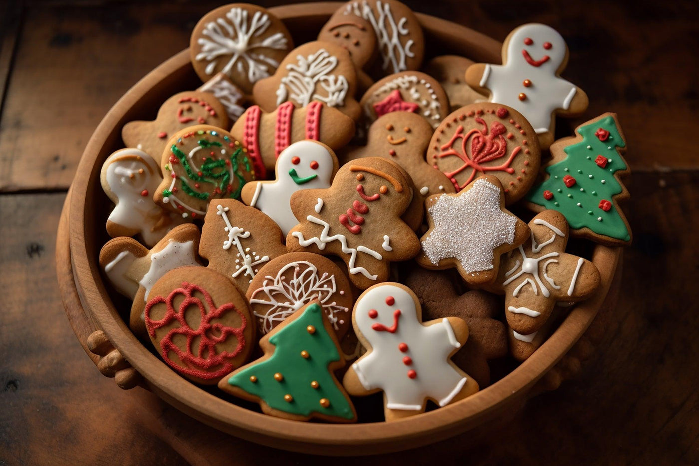 Biscuits de pain d'épice décorés dans un bol en bois : des bonhommes, étoiles, sapins et autres motifs festifs, tous ornés de glaçage coloré et de détails soignés. Le tout sur un fond de bois rustique qui met en valeur la chaleur des fêtes de fin d'année.