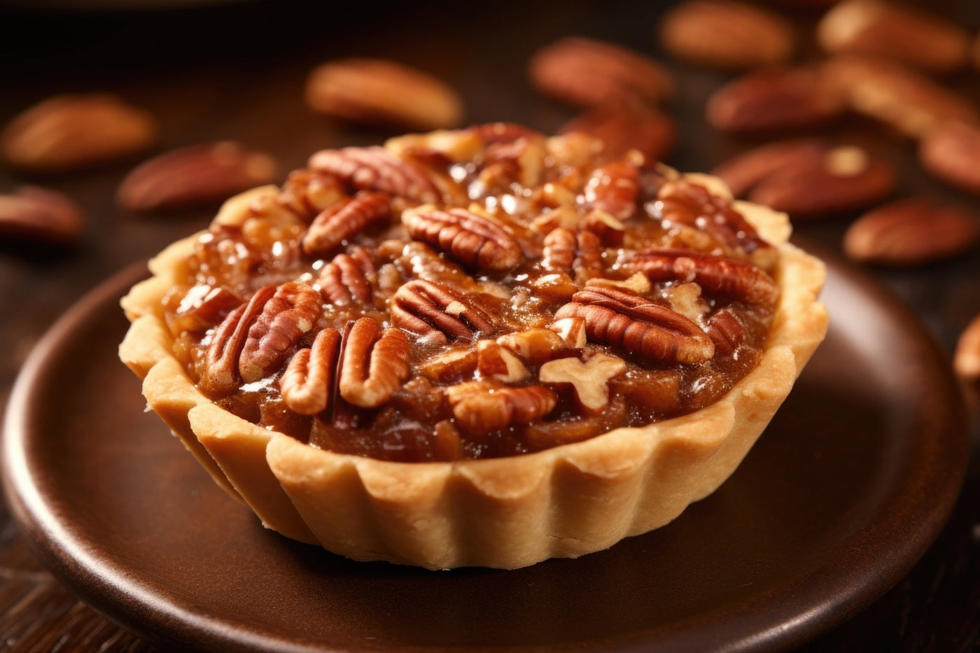 Une tartelette au caramel et noix de pécan, garnie généreusement, reposant sur une assiette marron avec des noix de pécan entières en arrière-plan.