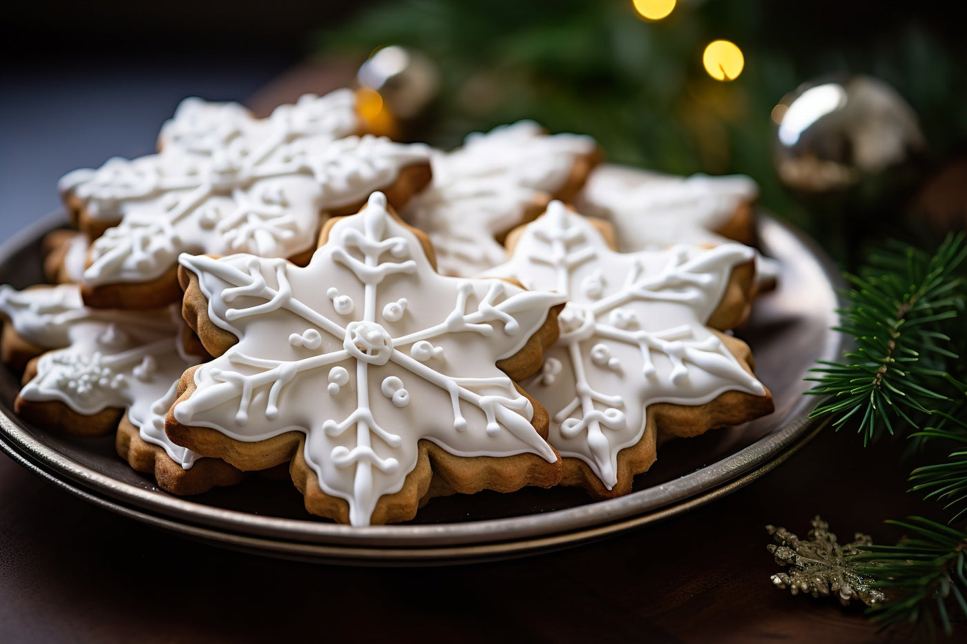 Des biscuits en forme de flocon de neige décorés avec du glaçage royal blanc, présentés sur une table festive.