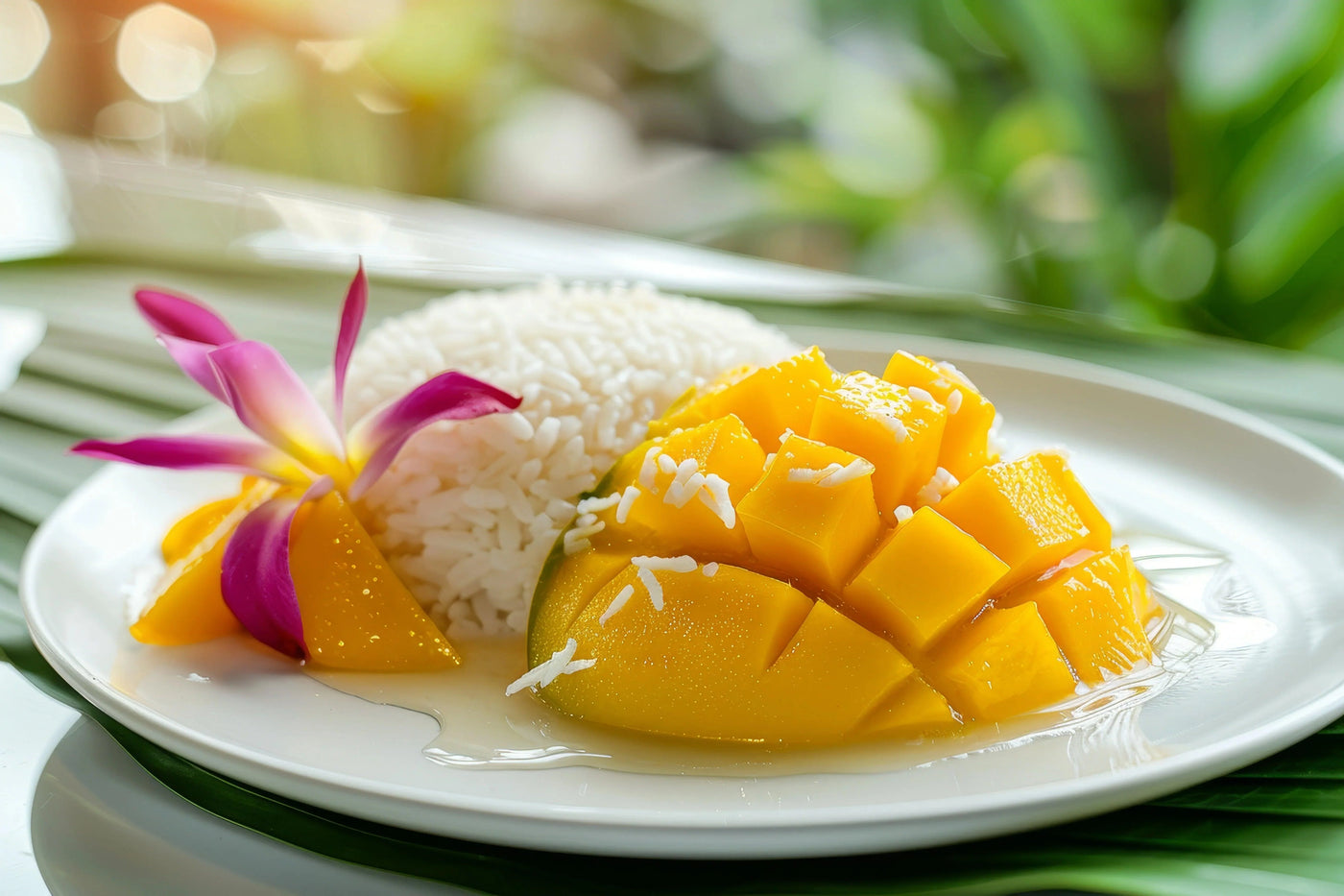 Assiette de riz thaï gluant à la mangue et lait de coco, garni de tranches de mangue fraîche et arrosé de lait de coco crémeux.