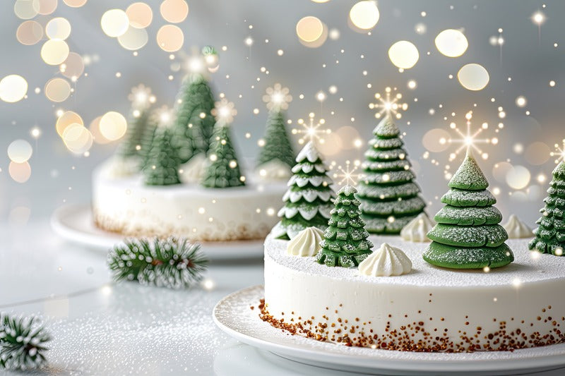 Photo d'un gâteau de Noël décoré de glaçage blanc, avec des baies rouges, des branches de sapin et des étoiles en sucre, créant une ambiance hivernale festive.