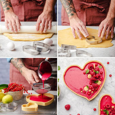 Cercle pâtisserie en forme de cœur micro-perforé inox 24x22 cm avec fond de tarte et fruits rouges