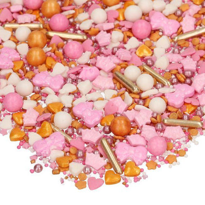 Assortiment décorations en sucre FunCakes Princess Charming rose, doré, blanc, thème princesse
