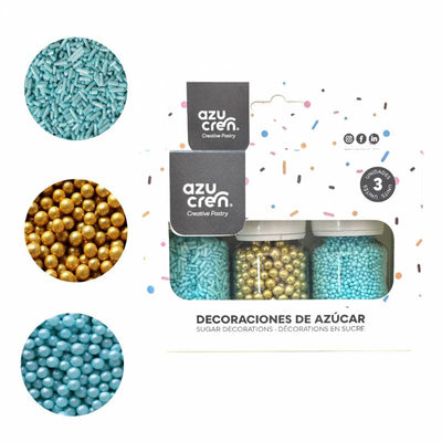 Coffret décoration sucre Azucŕen turquoise et or : vermicelles, perles 4 mm, nonpareilles
